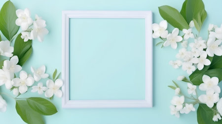 White frame with white flowers and green leaves on blue background. Flat lay, top view.の素材