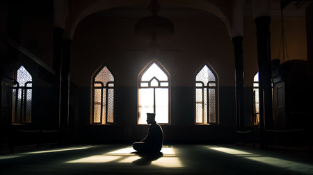 Interior of a mosque with a silhouette of a candle holder in the foregroundの素材