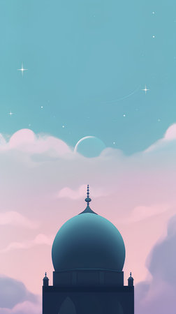 Illustration of mosque with moon and stars. Ramadan Kareem backgroundの素材