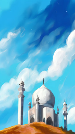 Illustration of a beautiful mosque on the hill with blue sky backgroundの素材