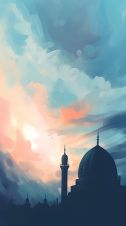 Illustration of mosque at sunset, Ramadan Kareem greeting card.の素材