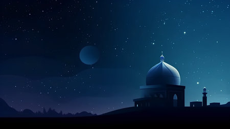 Illustration of mosque in the night sky with moon and stars backgroundの素材
