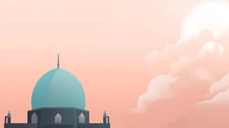 Illustration of Ramadan Kareem background with mosque in the sky.の素材