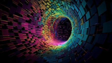 abstract background with a spiral in the center of the colorful squaresの素材