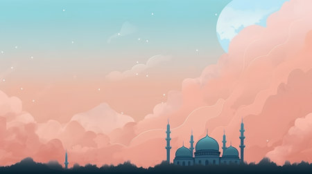 Illustration of mosque on the background of the moon in the skyの素材