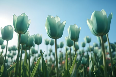 Tulip flower field in spring time with blue sky and sunの素材