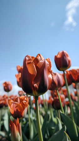 Tulips in the field. Beautiful spring flowers in the garden.の素材
