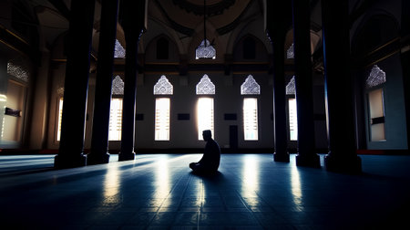 Silhouette of muslim woman praying in mosque at night.の素材