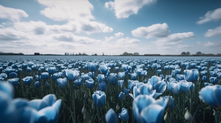 Tulip field in Holland with blue tulips in the foregroundの素材