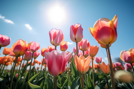 Colorful tulips in a field under a blue sky with cloudsの素材