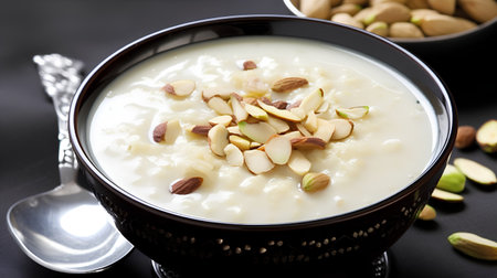 Millet porridge with almonds and pistachios in a bowlの素材