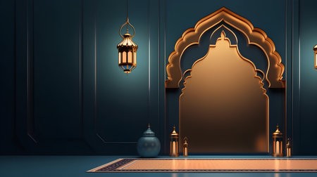 3d render of islamic lanterns in the dark roomの素材