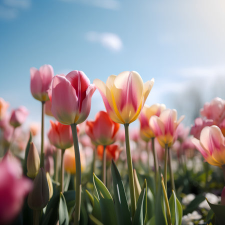 Colorful tulip flowers blooming in a field on a sunny dayの素材