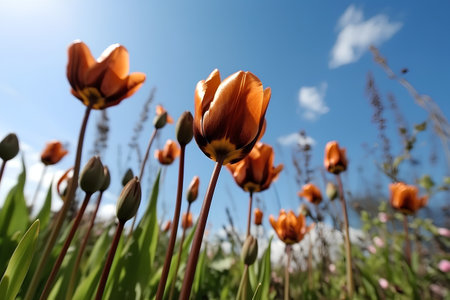 Tulips in the meadow in spring time with blue skyの素材