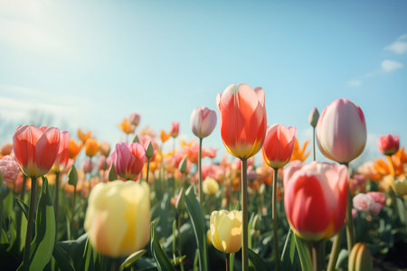 Colorful tulip flowers bloom in the field on a sunny dayの素材