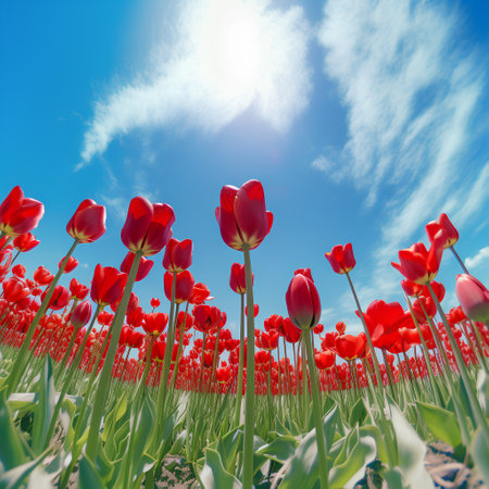 Field of red tulips under blue sky with clouds. Spring landscape.の素材