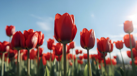 Red tulips on a field with blue sky in the background.の素材