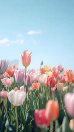 Tulips in the field with blue sky and clouds in the backgroundの素材