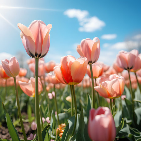 Beautiful pink tulips in the field on sunny spring day.の素材