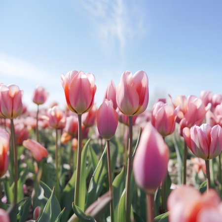 Tulips growing in an agricultural field in sunlight in springtimeの素材