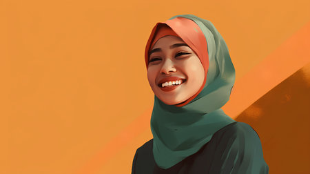 Beautiful asian muslim woman wearing hijab isolated on orange backgroundの素材