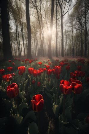 Tulips in the forest at sunrise. Beautiful nature scene.の素材