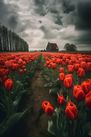 Beautiful red tulips in the field with cloudy sky. Hollandの素材