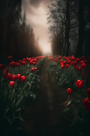 Beautiful spring landscape with red tulips blooming in the parkの素材