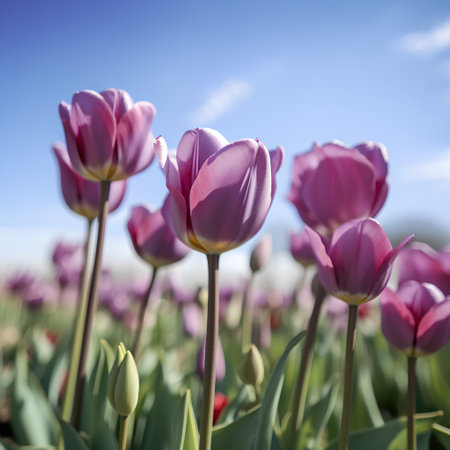 Purple tulips on the field in the Netherlands with blue sky in the backgroundの素材