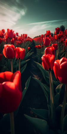 Red tulips in a field in spring, Holland, Europe.の素材