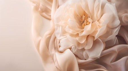 Soft beige satin fabric with delicate peony flower on white backgroundの素材