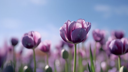 Purple tulips in the field with blue sky in the backgroundの素材