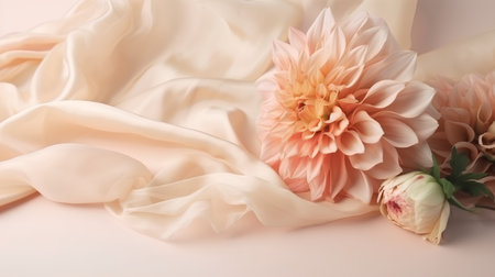 pink dahlia and white peony on beige silkの素材