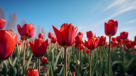 Red tulips in a field on a sunny day. Spring landscape.の素材