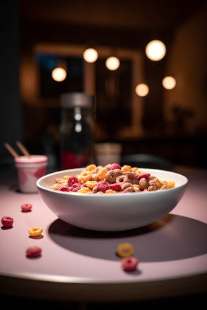 Bowl of cereal with raspberries on a table in a restaurantの素材