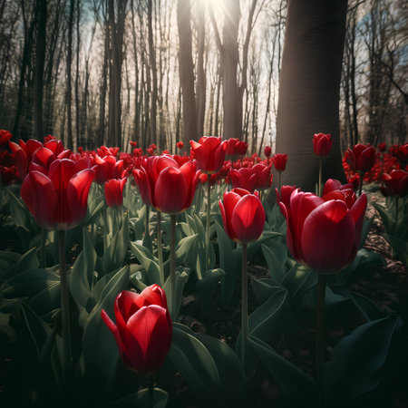 Red tulips in the spring forest. Nature background. Toned.の素材