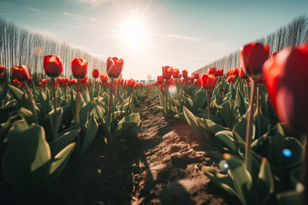 Field of red tulips in the sun. Beautiful spring landscape.の素材