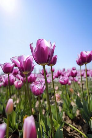 Purple tulips in the field with blue sky in the backgroundの素材