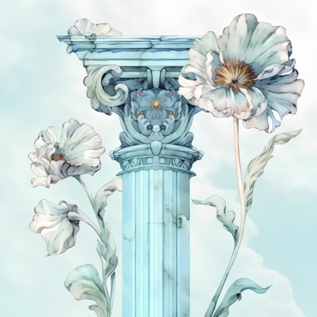 Antique column with flowers on sky background. Watercolor illustration.の素材