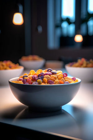 bowl of cereal with candied fruits on the table in the kitchenの素材