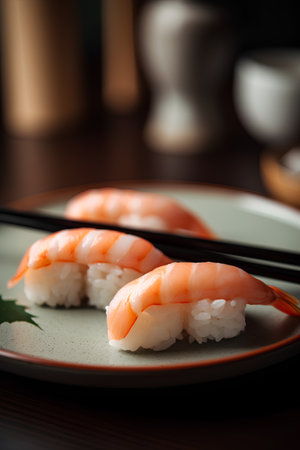 Sushi on the plate with chopsticks. Shallow depth of fieldの素材