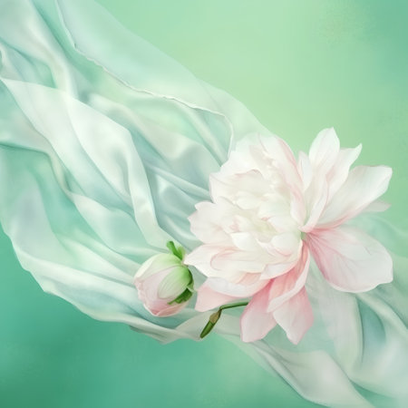 White peony on green background with silk fabric. Vector illustration.の素材