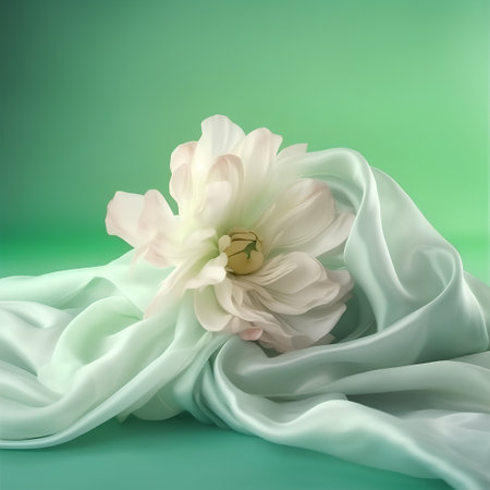 white daffodil on green satin background with copy spaceの素材