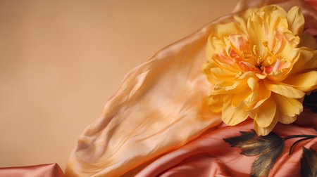 beautiful yellow peony on silk background with copy space for textの素材