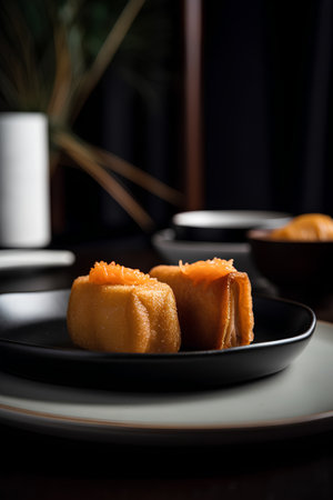 Traditional japanese dumplings on a dark background. Selective focus.の素材