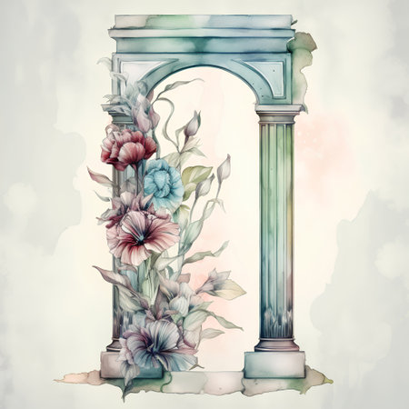 Watercolor illustration of an old marble column with flowers and leaves.の素材