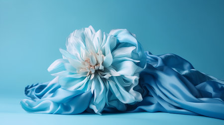 blue silk fabric with a flower on a blue background, studio photoの素材