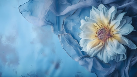 Dahlia flower on a blue background with tulle and fabricの素材