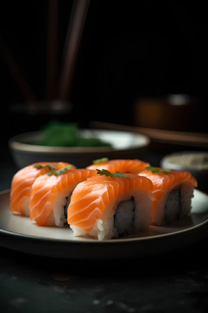 Japanese cuisine. Sushi roll with salmon on a black background.の素材