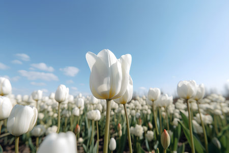 White tulips on a field with blue sky in the background.の素材